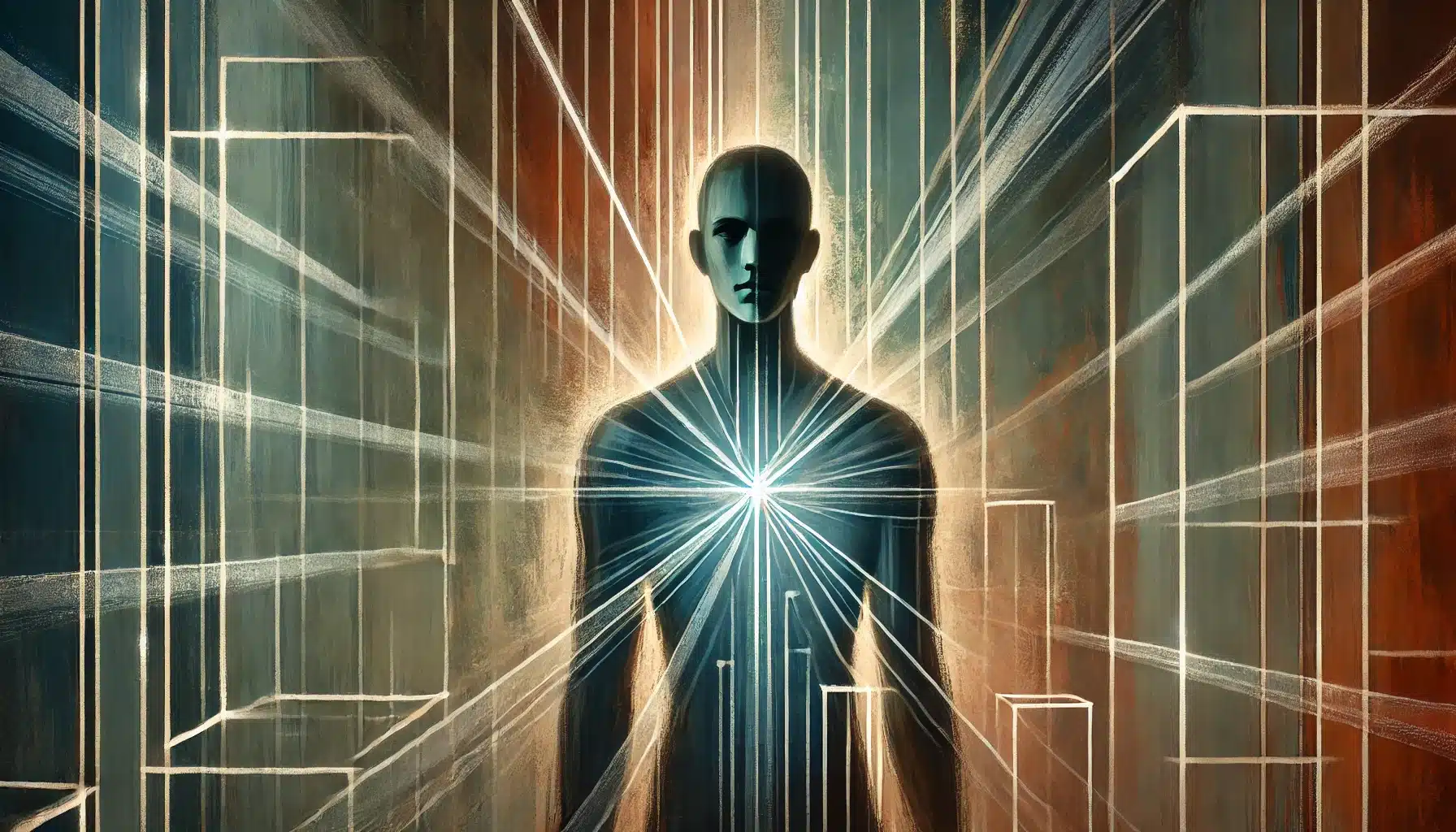 A symbolic cinematic illustration representing personal boundaries and self-protection. A human figure stands centered or slightly off-center, interse An empowered being