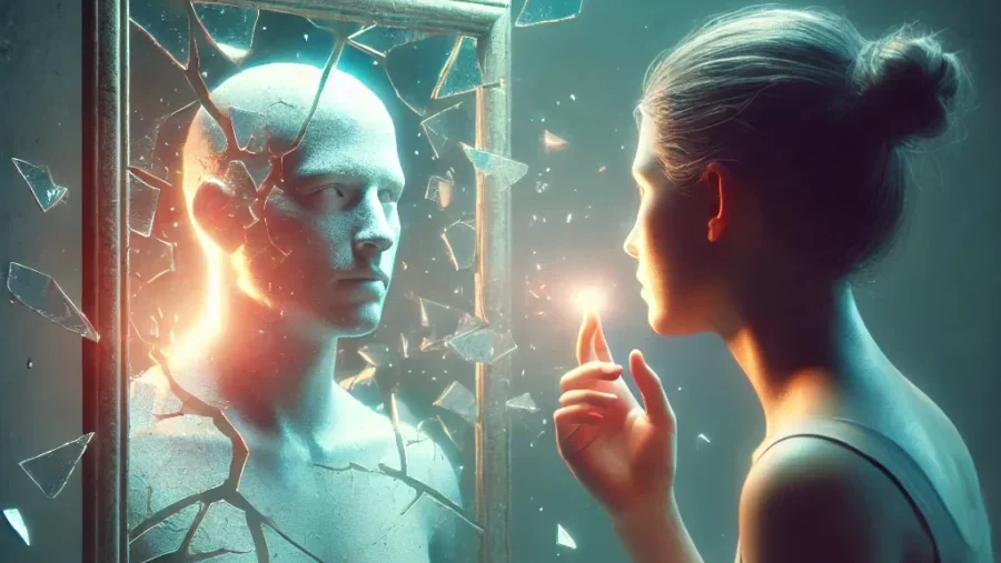 A surreal conceptual portrait in a fine art photo-manipulation style, symbolizing reclaiming identity. A realistic human figure gazes into a mirror wh An empowered being